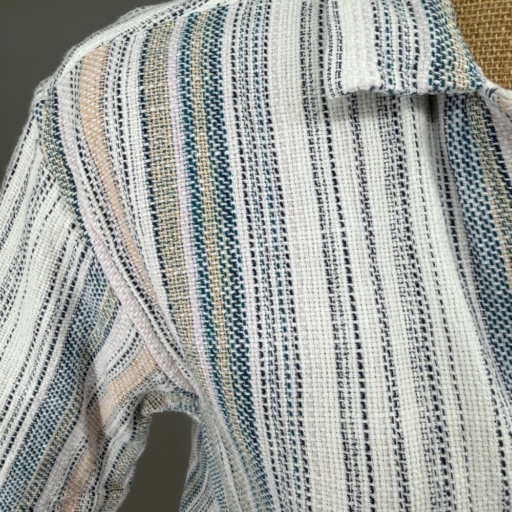Woven Button Up Camp Shirt Women M Striped Short Sleeve Cotton Coastal Beach - Picture 5 of 9